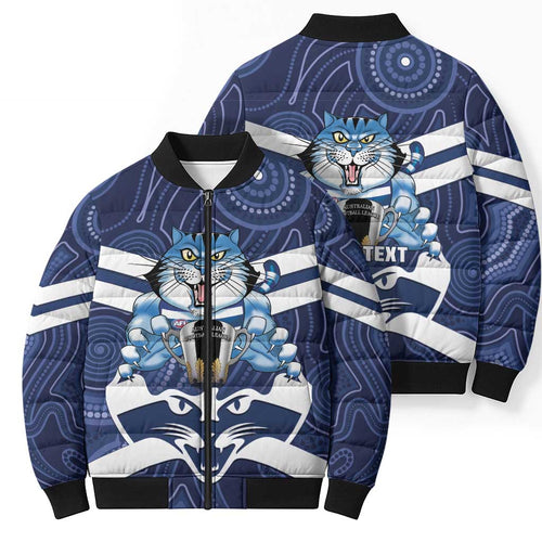 AFL Cats Football Personalised Bomber Puffer Jacket Final Geelong Premiers Trophy Aboriginal - Aussie Hoodie