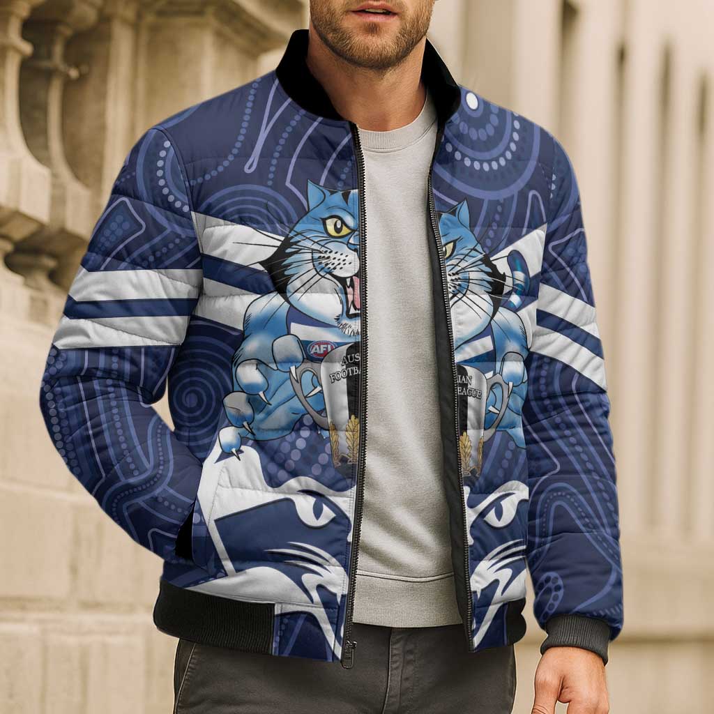AFL Cats Football Personalised Bomber Puffer Jacket Final Geelong Premiers Trophy Aboriginal - Aussie Hoodie