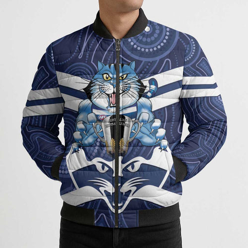 AFL Cats Football Personalised Bomber Puffer Jacket Final Geelong Premiers Trophy Aboriginal - Aussie Hoodie