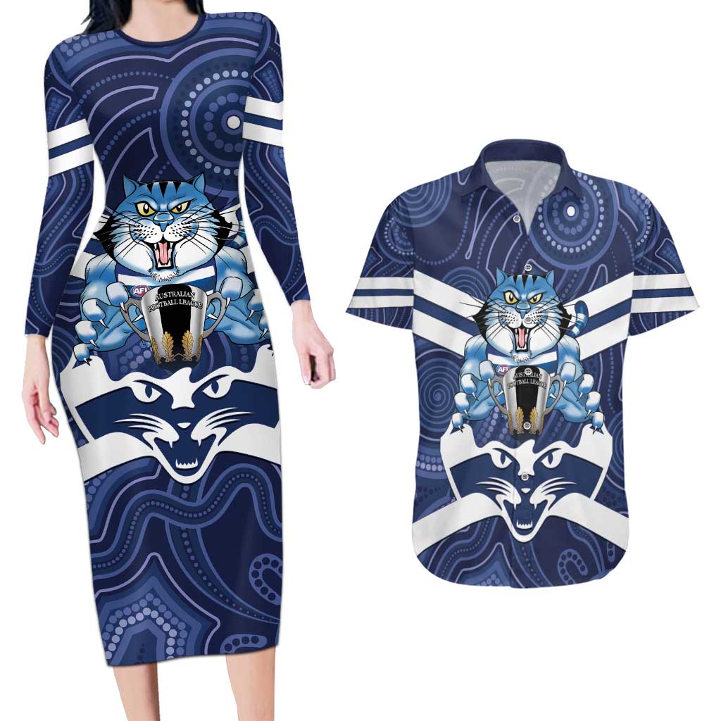 AFL Cats Football Personalised Couples Matching Long Sleeve Bodycon Dress and Hawaiian Shirt Final Geelong Premiers Trophy Aboriginal - Aussie Hoodie