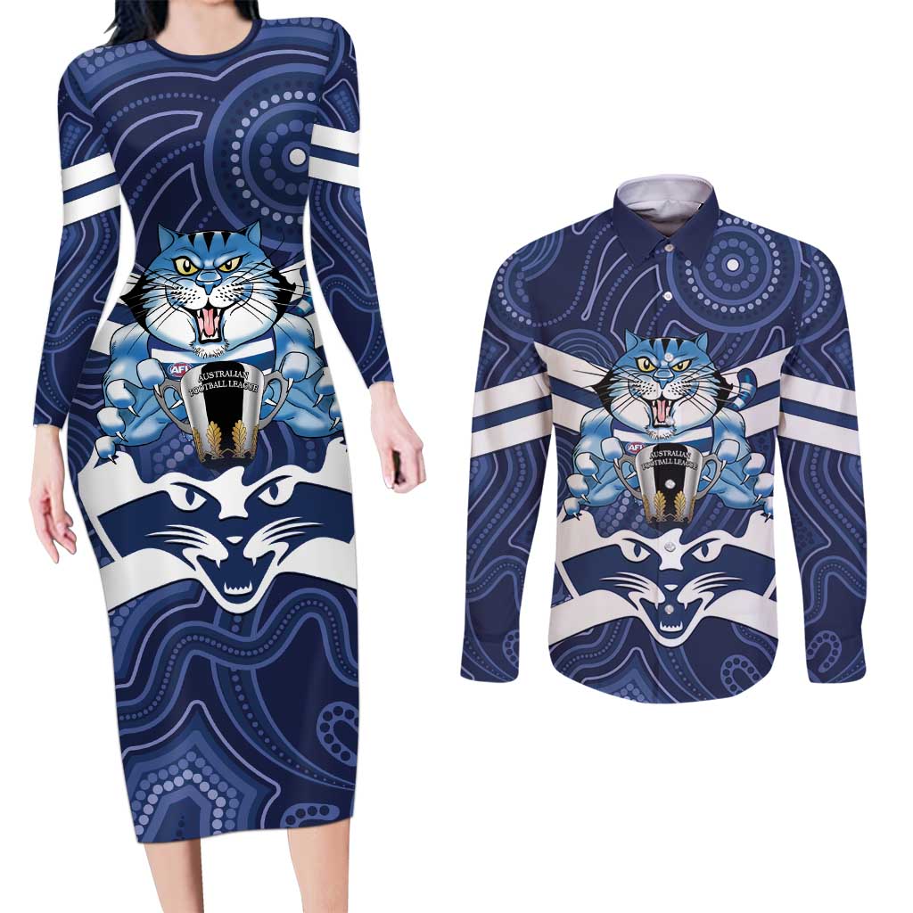 AFL Cats Football Personalised Couples Matching Long Sleeve Bodycon Dress and Long Sleeve Button Shirt Final Geelong Premiers Trophy Aboriginal - Aussie Hoodie