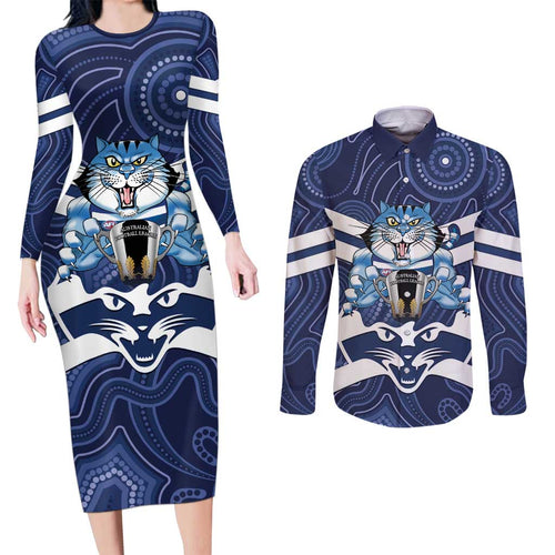 AFL Cats Football Personalised Couples Matching Long Sleeve Bodycon Dress and Long Sleeve Button Shirt Final Geelong Premiers Trophy Aboriginal - Aussie Hoodie