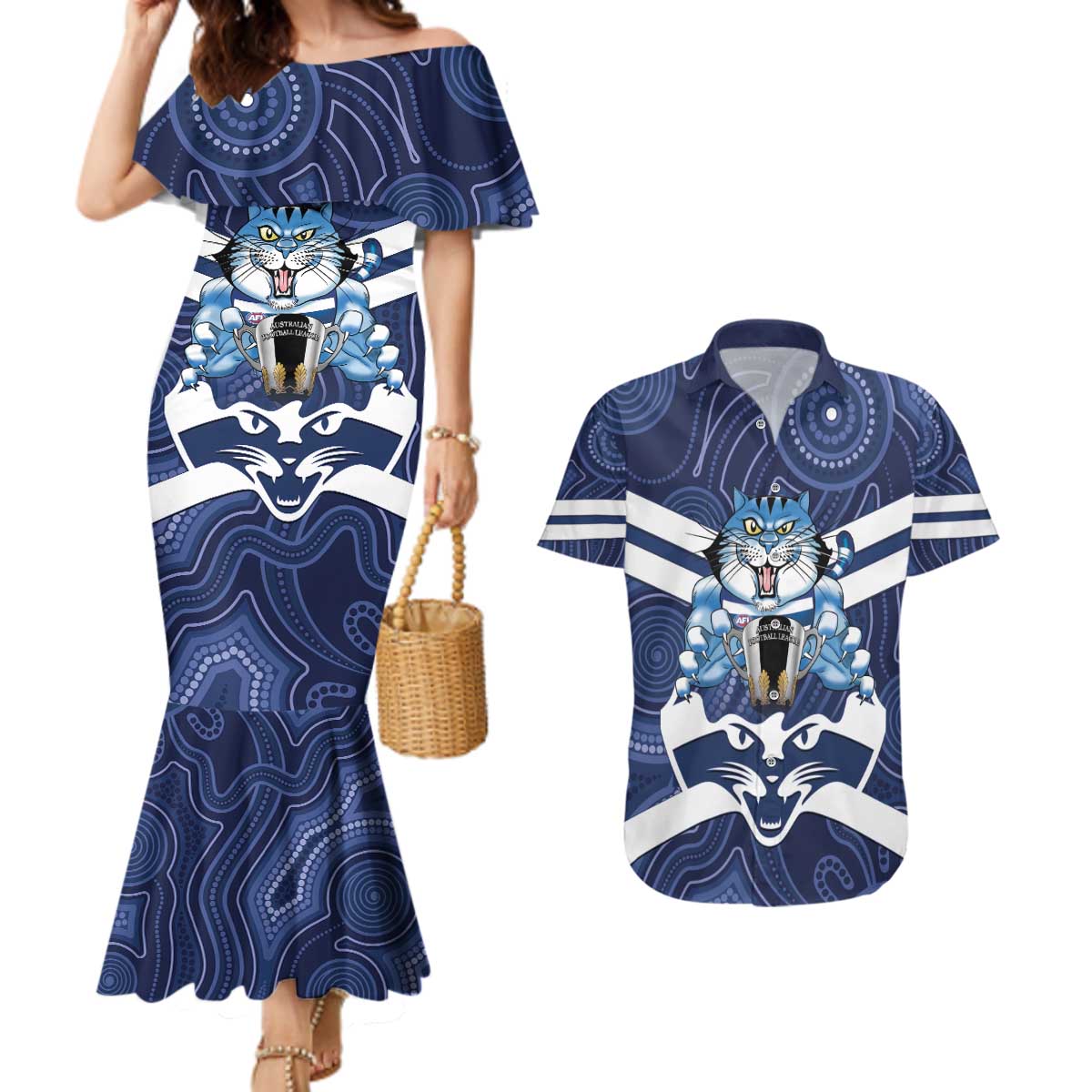 AFL Cats Football Personalised Couples Matching Mermaid Dress and Hawaiian Shirt Final Geelong Premiers Trophy Aboriginal - Aussie Hoodie