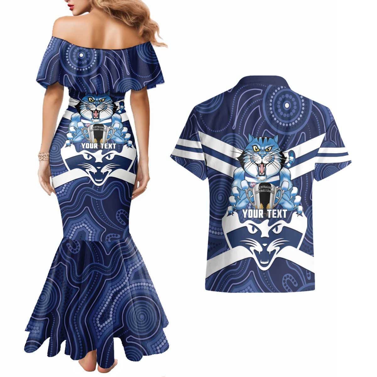 AFL Cats Football Personalised Couples Matching Mermaid Dress and Hawaiian Shirt Final Geelong Premiers Trophy Aboriginal - Aussie Hoodie