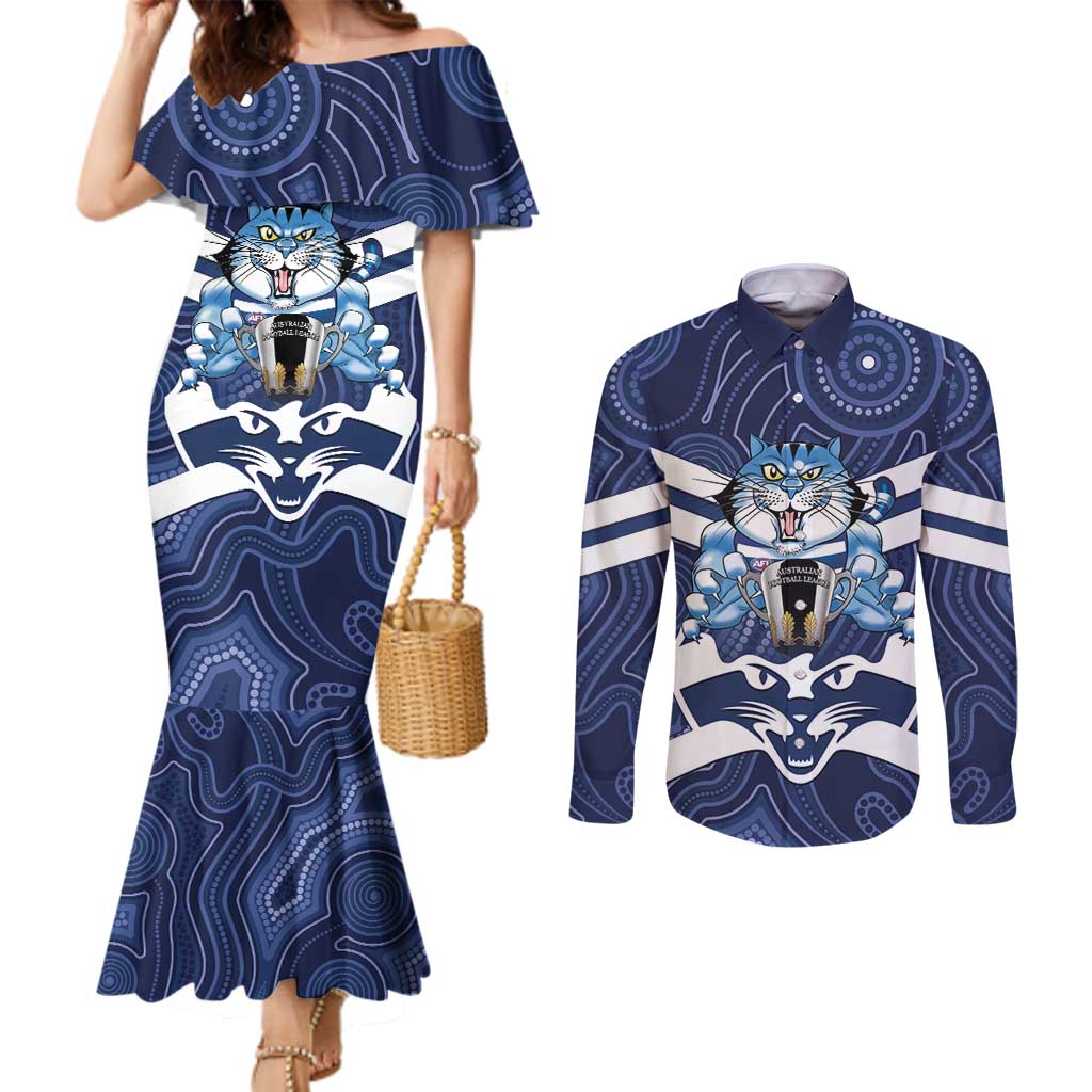 AFL Cats Football Personalised Couples Matching Mermaid Dress and Long Sleeve Button Shirt Final Geelong Premiers Trophy Aboriginal - Aussie Hoodie