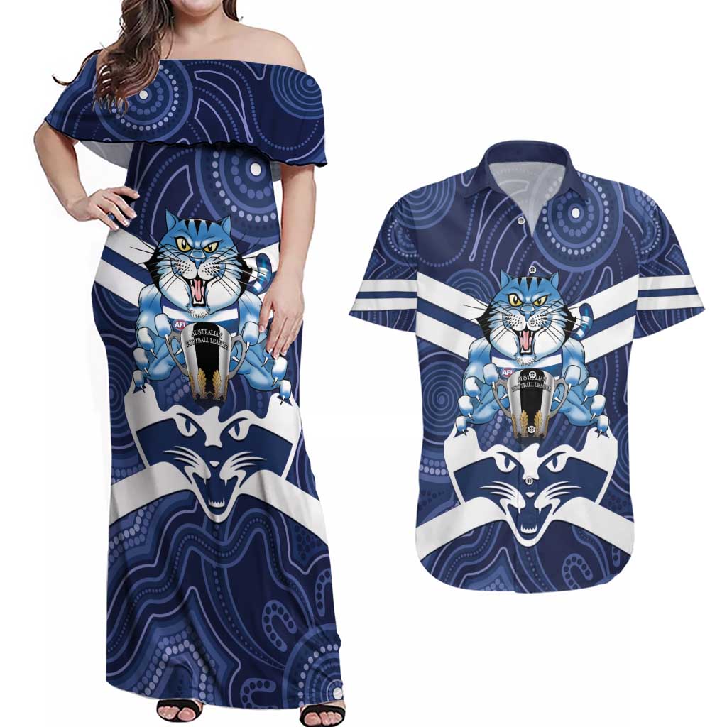 AFL Cats Football Personalised Couples Matching Off Shoulder Maxi Dress and Hawaiian Shirt Final Geelong Premiers Trophy Aboriginal - Aussie Hoodie
