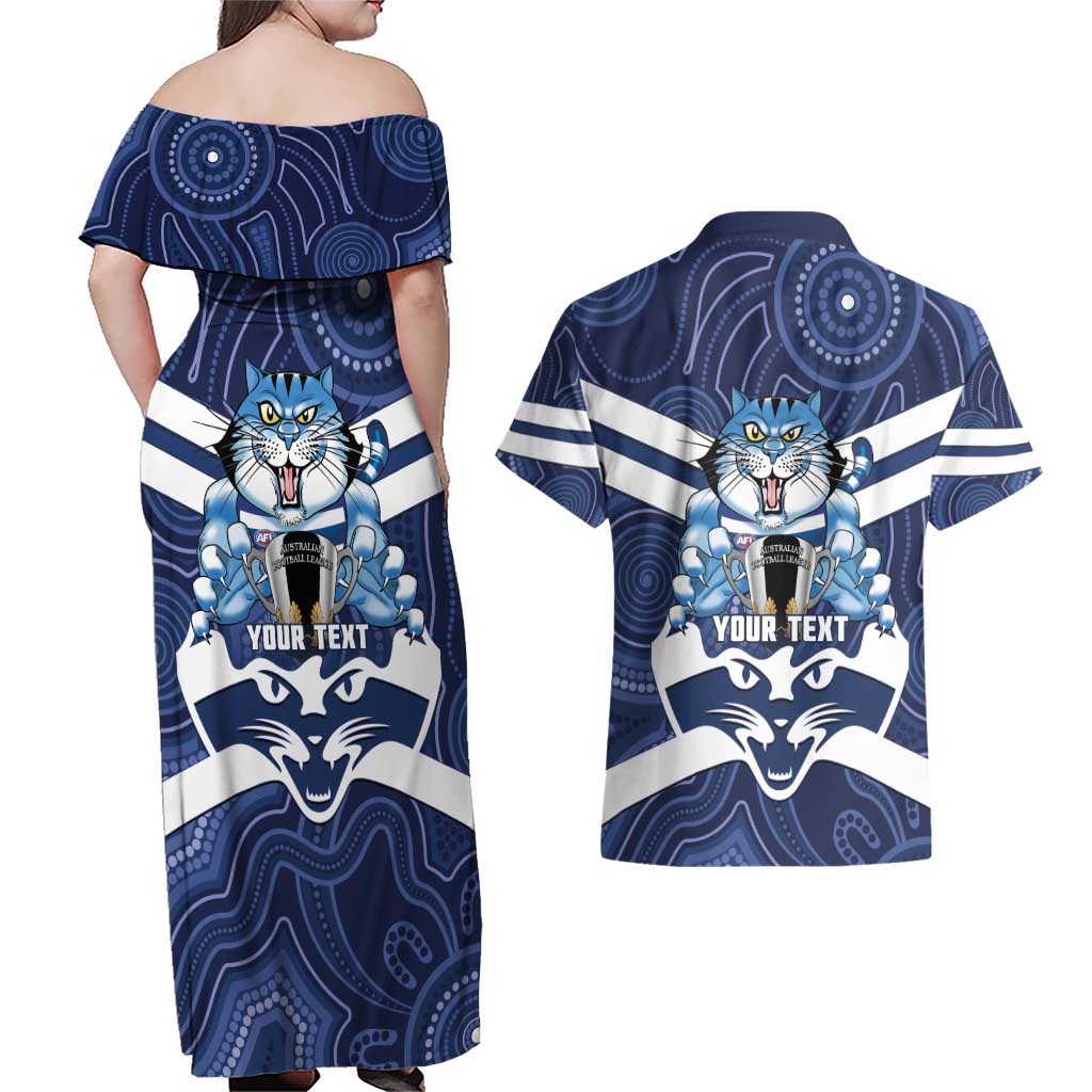 AFL Cats Football Personalised Couples Matching Off Shoulder Maxi Dress and Hawaiian Shirt Final Geelong Premiers Trophy Aboriginal - Aussie Hoodie