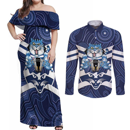 AFL Cats Football Personalised Couples Matching Off Shoulder Maxi Dress and Long Sleeve Button Shirt Final Geelong Premiers Trophy Aboriginal - Aussie Hoodie