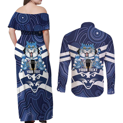 AFL Cats Football Personalised Couples Matching Off Shoulder Maxi Dress and Long Sleeve Button Shirt Final Geelong Premiers Trophy Aboriginal - Aussie Hoodie