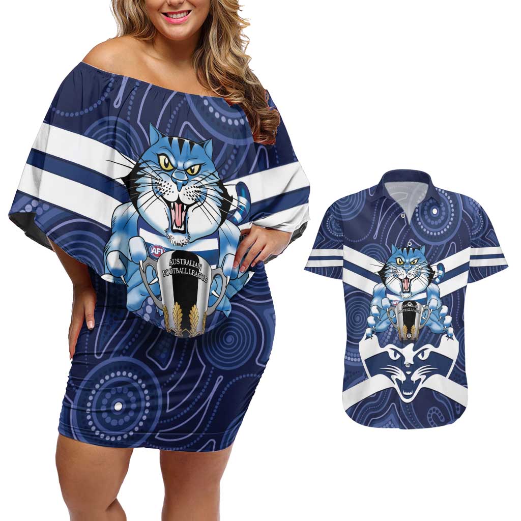 AFL Cats Football Personalised Couples Matching Off Shoulder Short Dress and Hawaiian Shirt Final Geelong Premiers Trophy Aboriginal - Aussie Hoodie