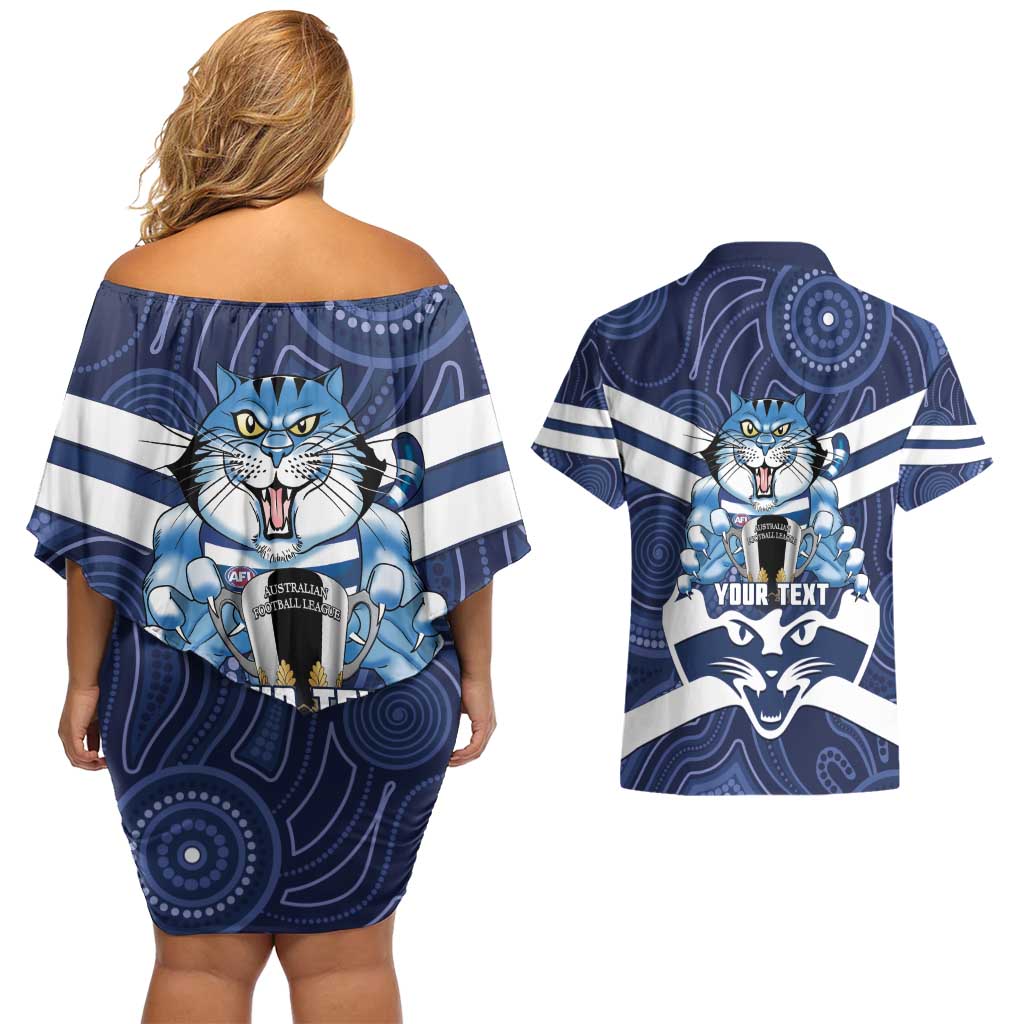 AFL Cats Football Personalised Couples Matching Off Shoulder Short Dress and Hawaiian Shirt Final Geelong Premiers Trophy Aboriginal - Aussie Hoodie