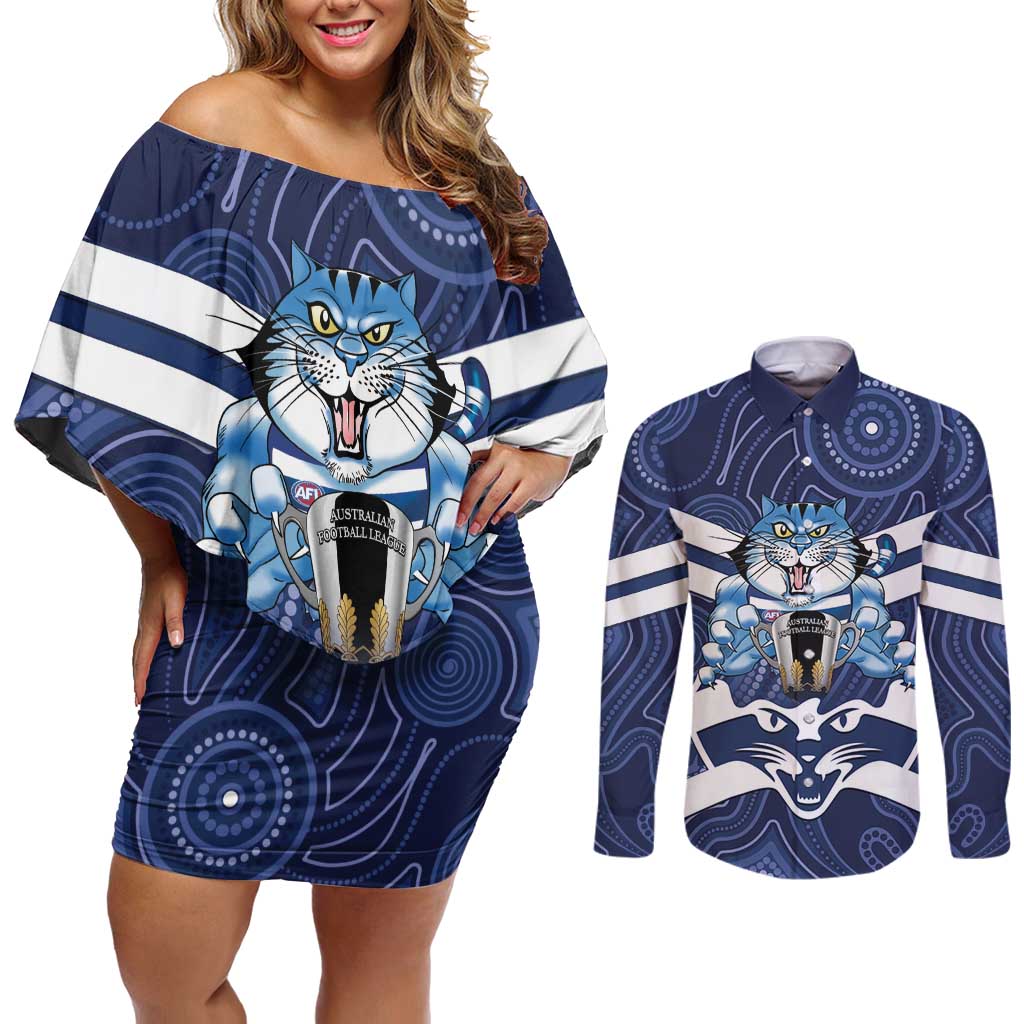 AFL Cats Football Personalised Couples Matching Off Shoulder Short Dress and Long Sleeve Button Shirt Final Geelong Premiers Trophy Aboriginal - Aussie Hoodie