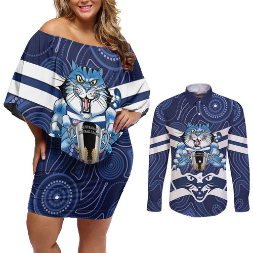 AFL Cats Football Personalised Couples Matching Off Shoulder Short Dress and Long Sleeve Button Shirt Final Geelong Premiers Trophy Aboriginal - Aussie Hoodie