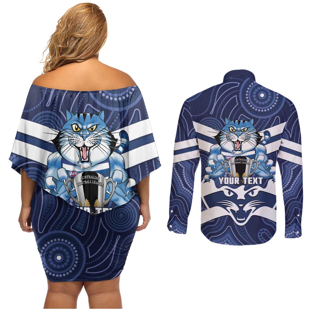 AFL Cats Football Personalised Couples Matching Off Shoulder Short Dress and Long Sleeve Button Shirt Final Geelong Premiers Trophy Aboriginal - Aussie Hoodie