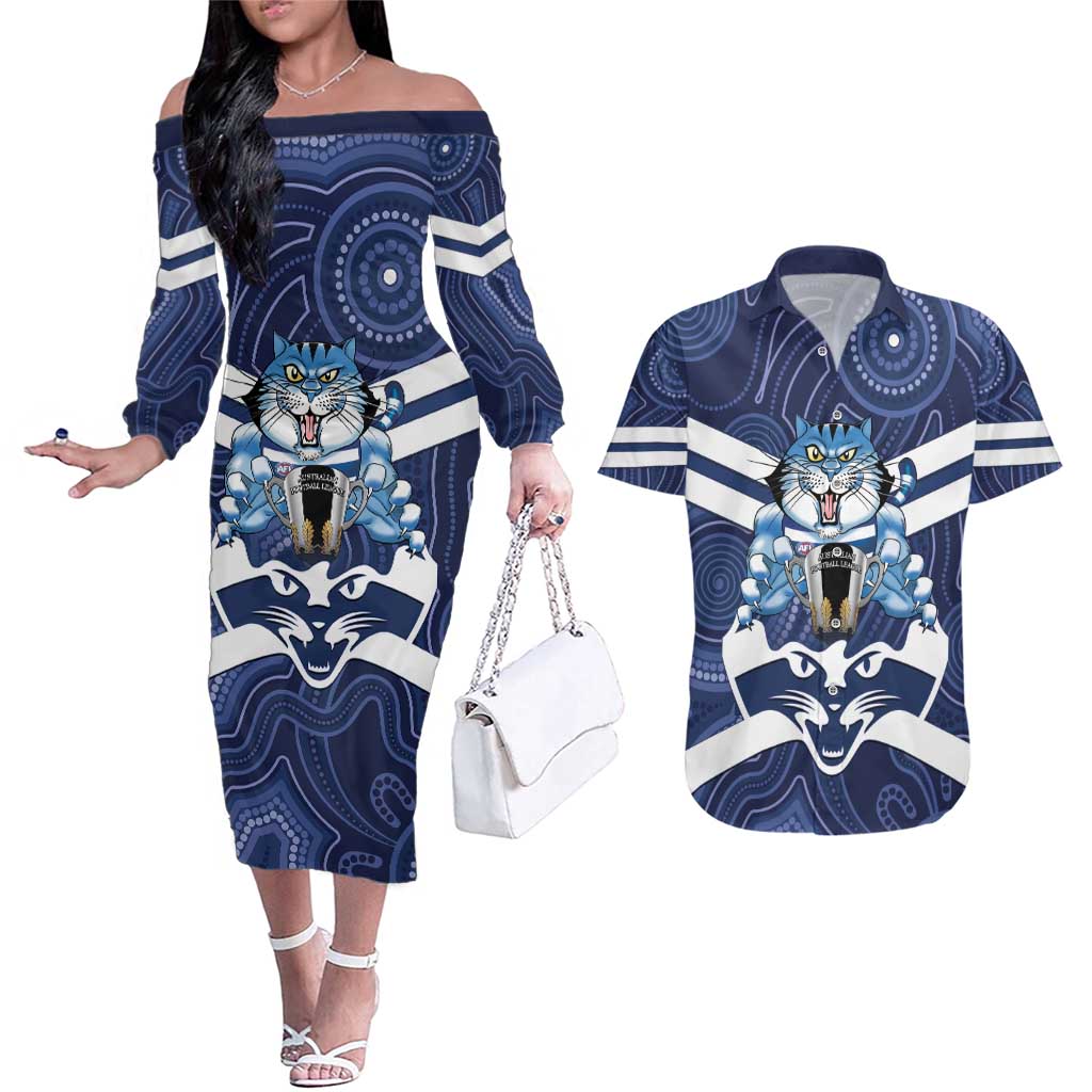 AFL Cats Football Personalised Couples Matching Off The Shoulder Long Sleeve Dress and Hawaiian Shirt Final Geelong Premiers Trophy Aboriginal - Aussie Hoodie