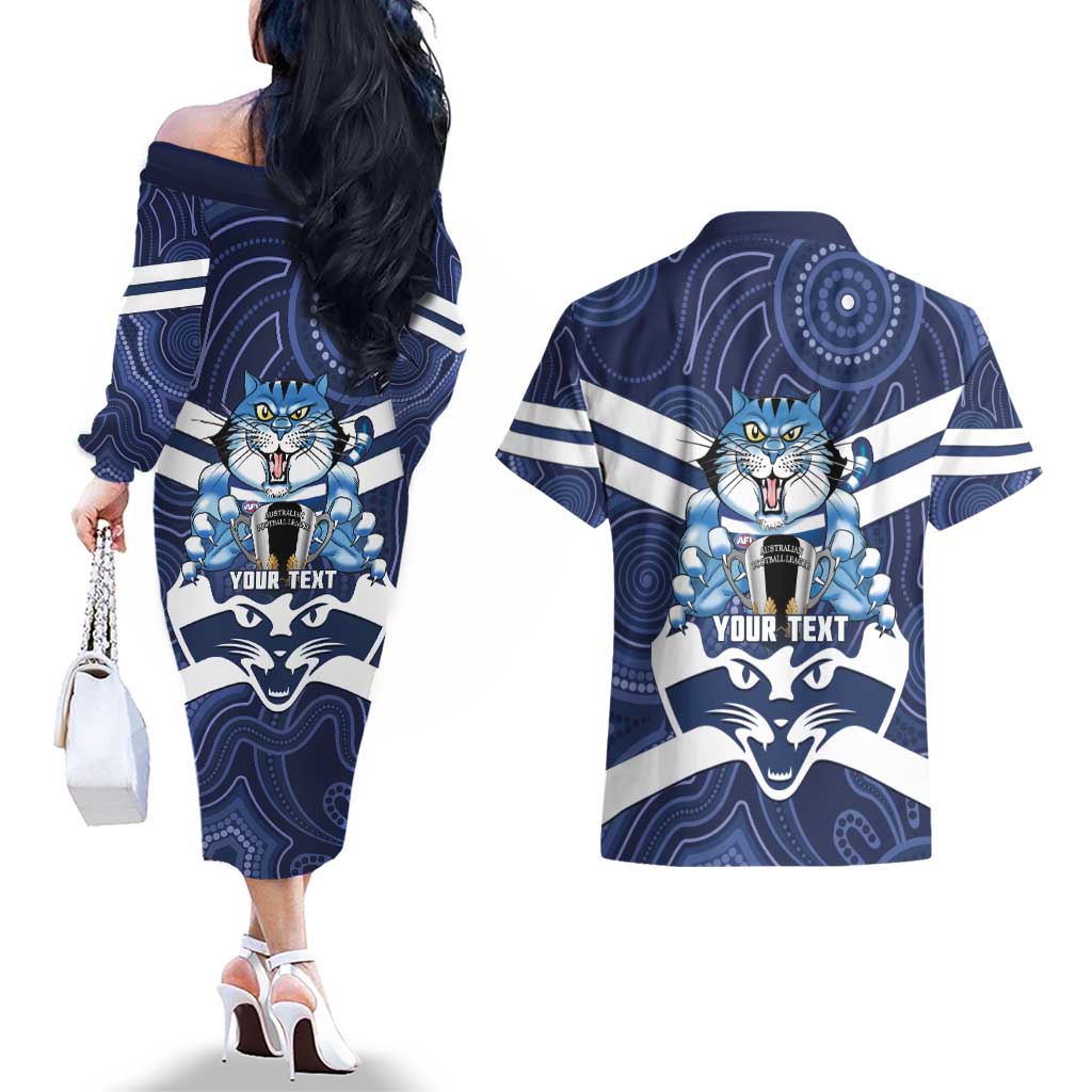 AFL Cats Football Personalised Couples Matching Off The Shoulder Long Sleeve Dress and Hawaiian Shirt Final Geelong Premiers Trophy Aboriginal - Aussie Hoodie