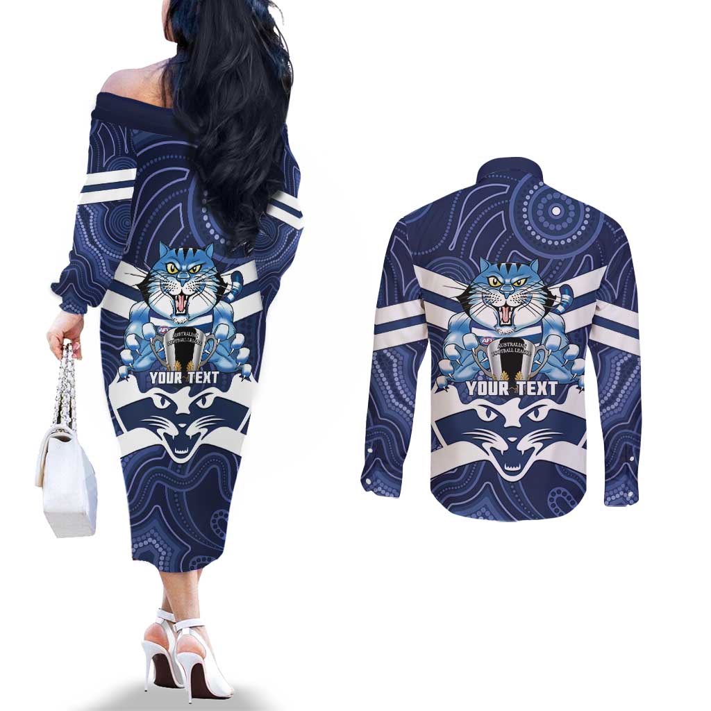 AFL Cats Football Personalised Couples Matching Off The Shoulder Long Sleeve Dress and Long Sleeve Button Shirt Final Geelong Premiers Trophy Aboriginal - Aussie Hoodie
