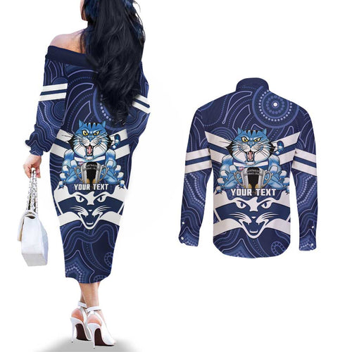 AFL Cats Football Personalised Couples Matching Off The Shoulder Long Sleeve Dress and Long Sleeve Button Shirt Final Geelong Premiers Trophy Aboriginal - Aussie Hoodie