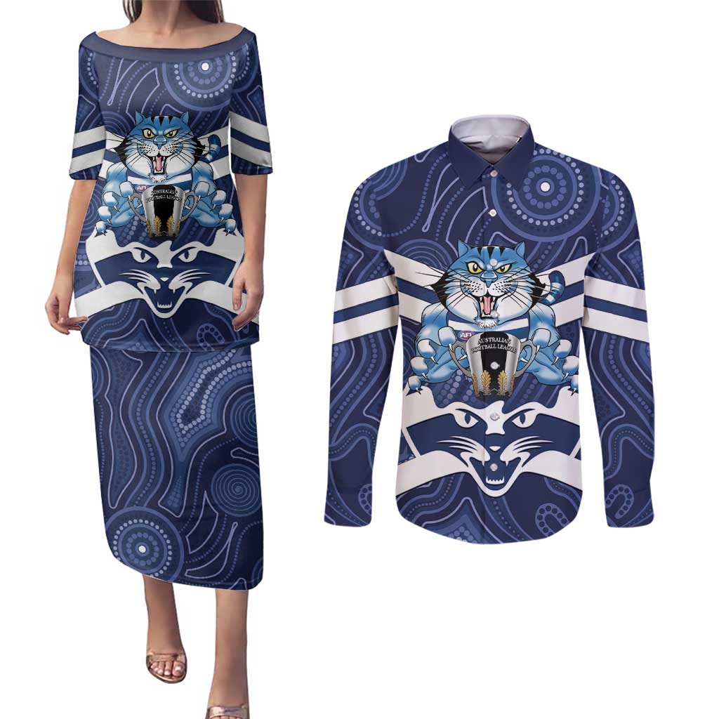 AFL Cats Football Personalised Couples Matching Puletasi and Long Sleeve Button Shirt Final Geelong Premiers Trophy Aboriginal - Aussie Hoodie