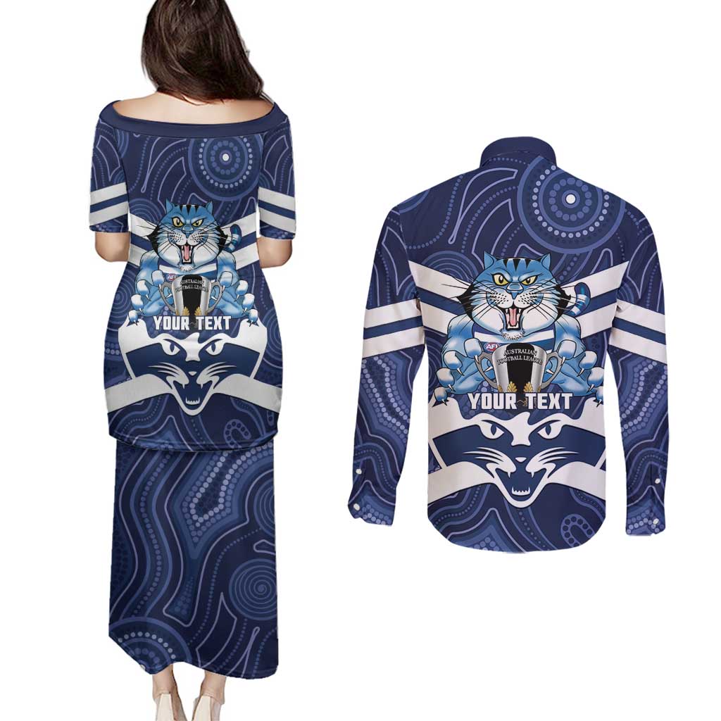 AFL Cats Football Personalised Couples Matching Puletasi and Long Sleeve Button Shirt Final Geelong Premiers Trophy Aboriginal - Aussie Hoodie