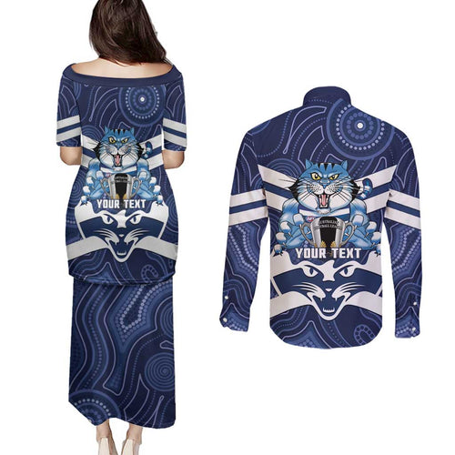 AFL Cats Football Personalised Couples Matching Puletasi and Long Sleeve Button Shirt Final Geelong Premiers Trophy Aboriginal - Aussie Hoodie
