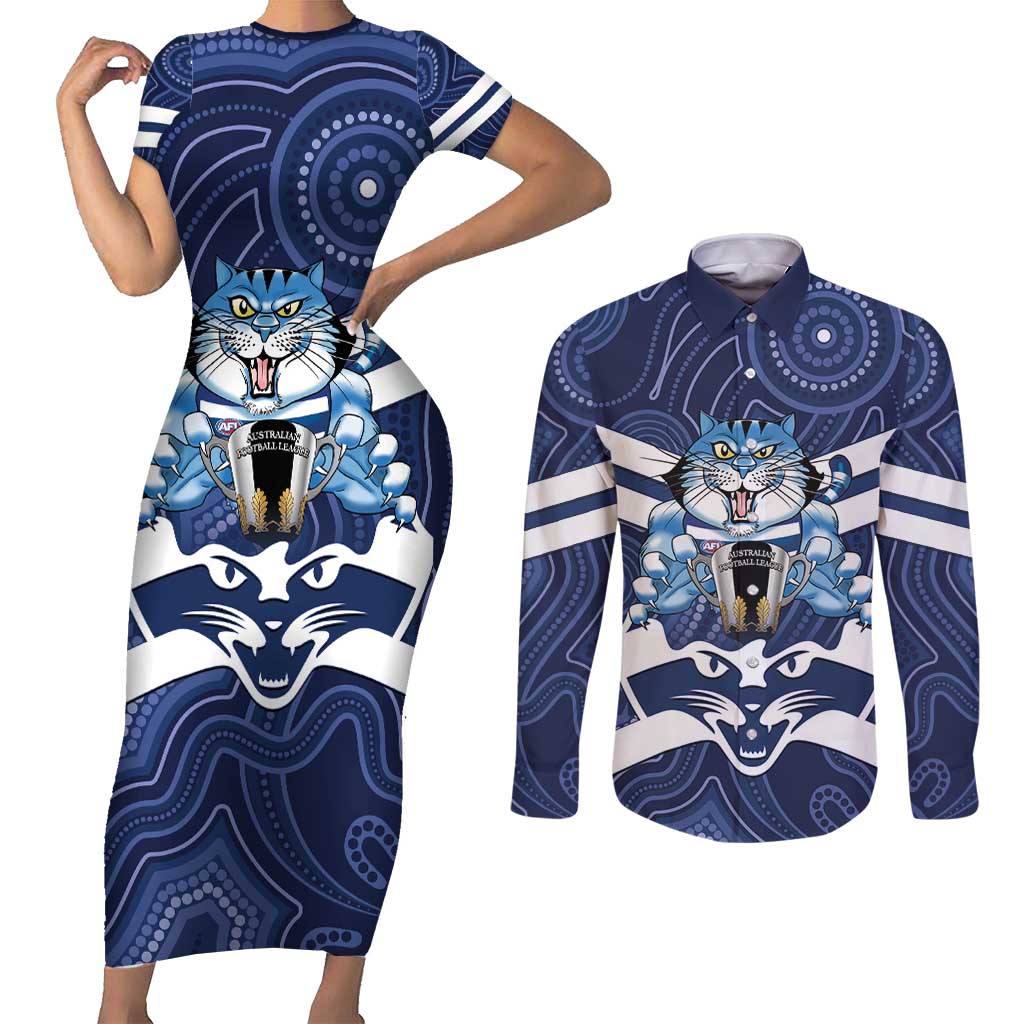 AFL Cats Football Personalised Couples Matching Short Sleeve Bodycon Dress and Long Sleeve Button Shirt Final Geelong Premiers Trophy Aboriginal - Aussie Hoodie