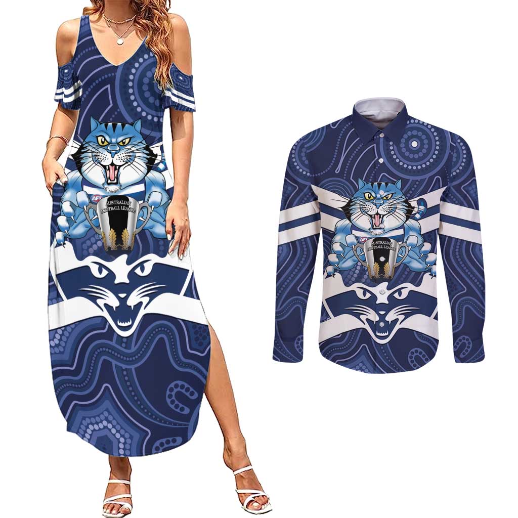 AFL Cats Football Personalised Couples Matching Summer Maxi Dress and Long Sleeve Button Shirt Final Geelong Premiers Trophy Aboriginal - Aussie Hoodie