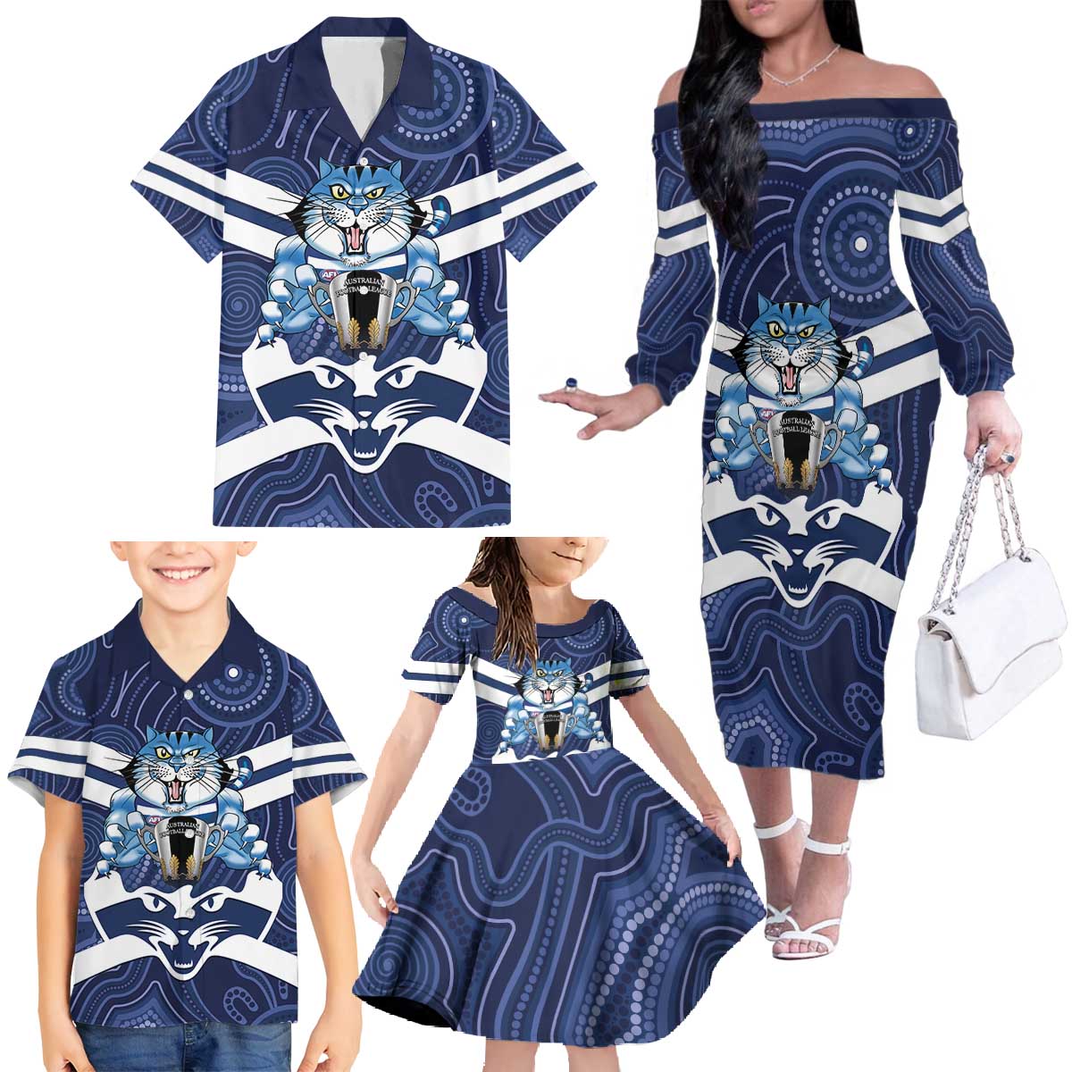 AFL Cats Football Personalised Family Matching Off The Shoulder Long Sleeve Dress and Hawaiian Shirt Final Geelong Premiers Trophy Aboriginal - Aussie Hoodie