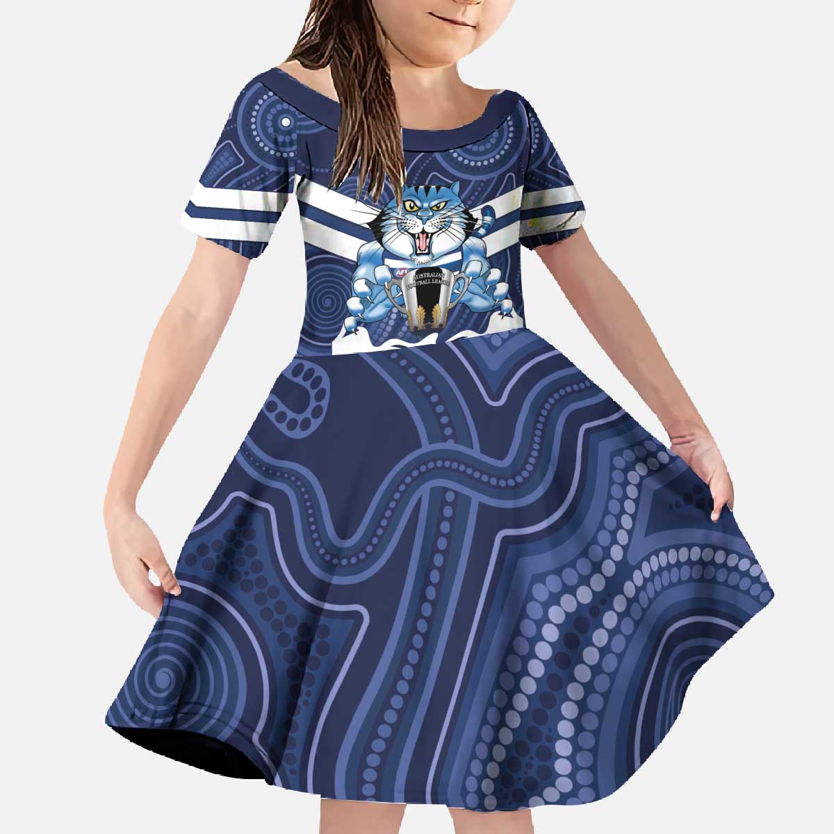 AFL Cats Football Personalised Family Matching Off The Shoulder Long Sleeve Dress and Hawaiian Shirt Final Geelong Premiers Trophy Aboriginal - Aussie Hoodie