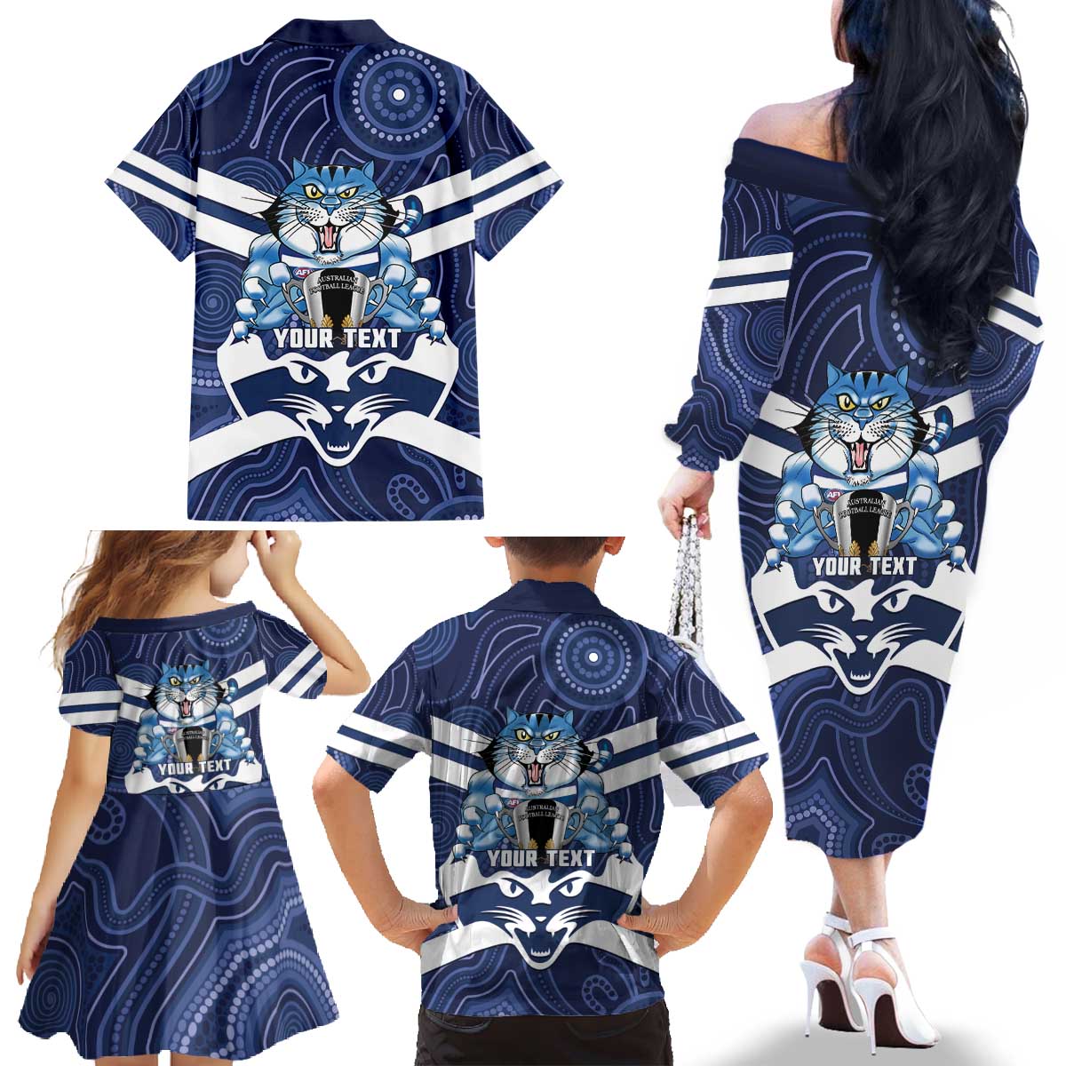 AFL Cats Football Personalised Family Matching Off The Shoulder Long Sleeve Dress and Hawaiian Shirt Final Geelong Premiers Trophy Aboriginal - Aussie Hoodie