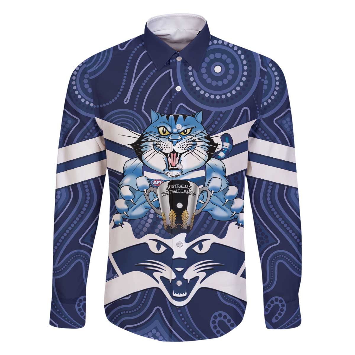 AFL Cats Football Personalised Family Matching Off The Shoulder Long Sleeve Dress and Hawaiian Shirt Final Geelong Premiers Trophy Aboriginal - Aussie Hoodie
