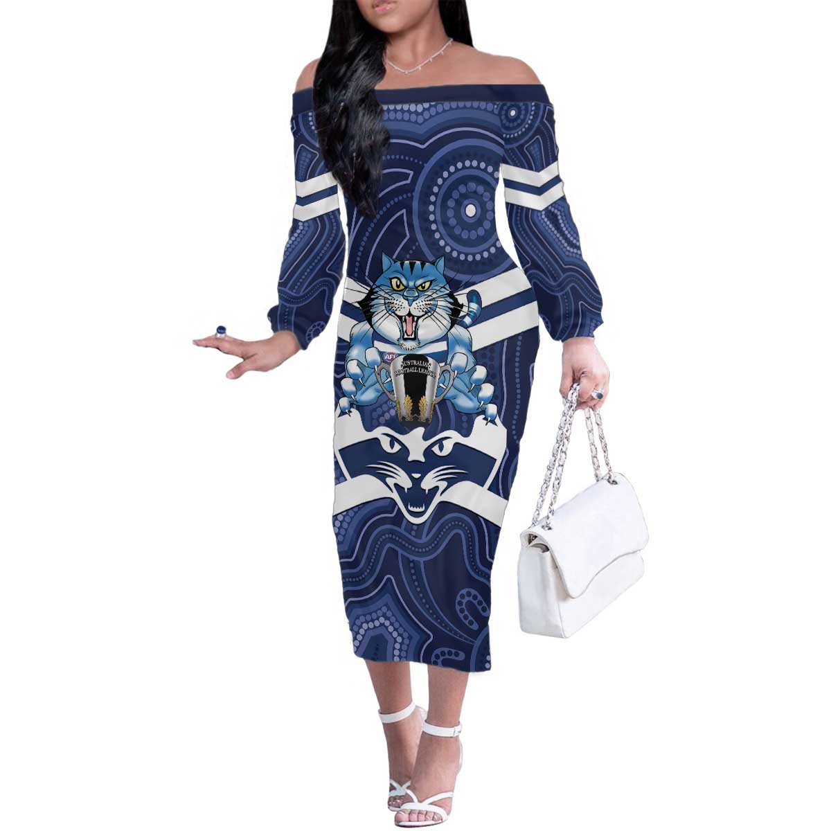 AFL Cats Football Personalised Family Matching Off The Shoulder Long Sleeve Dress and Hawaiian Shirt Final Geelong Premiers Trophy Aboriginal - Aussie Hoodie