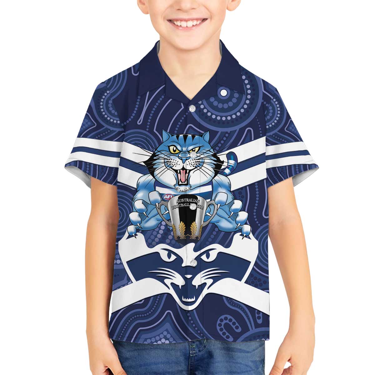 AFL Cats Football Personalised Family Matching Off The Shoulder Long Sleeve Dress and Hawaiian Shirt Final Geelong Premiers Trophy Aboriginal - Aussie Hoodie