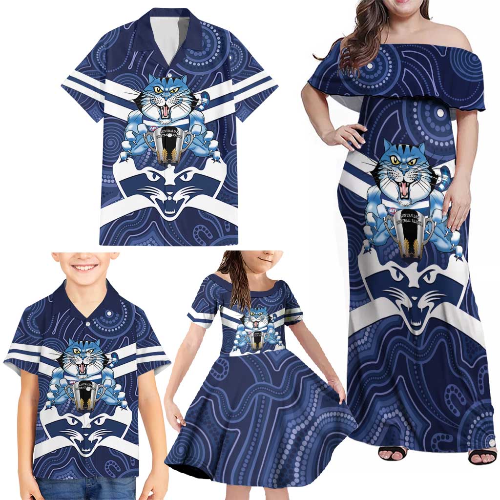AFL Cats Football Personalised Family Matching Off Shoulder Maxi Dress and Hawaiian Shirt Final Geelong Premiers Trophy Aboriginal - Aussie Hoodie