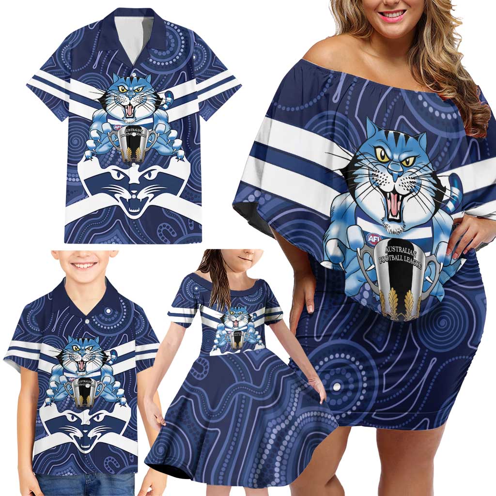 AFL Cats Football Personalised Family Matching Off Shoulder Short Dress and Hawaiian Shirt Final Geelong Premiers Trophy Aboriginal - Aussie Hoodie