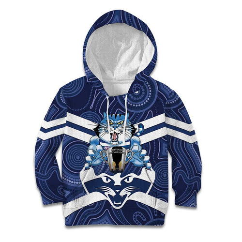 AFL Cats Football Personalised Kid Hoodie Final Geelong Premiers Trophy Aboriginal - Aussie Hoodie