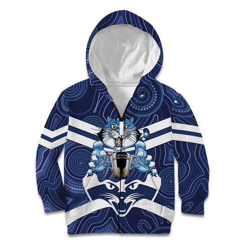 AFL Cats Football Personalised Kid Hoodie Final Geelong Premiers Trophy Aboriginal - Aussie Hoodie