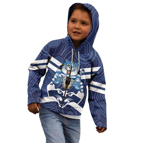 AFL Cats Football Personalised Kid Hoodie Final Geelong Premiers Trophy Aboriginal - Aussie Hoodie