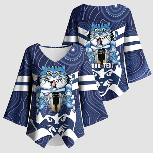 AFL Cats Football Personalised Kimono Sleeve Blouse Final Geelong Premiers Trophy Aboriginal - Aussie Hoodie