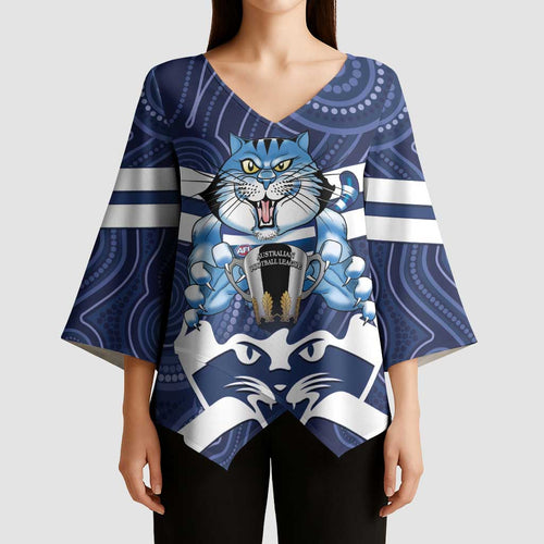 AFL Cats Football Personalised Kimono Sleeve Blouse Final Geelong Premiers Trophy Aboriginal - Aussie Hoodie