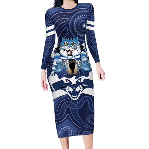 AFL Cats Football Personalised Long Sleeve Bodycon Dress Final Geelong Premiers Trophy Aboriginal - Aussie Hoodie
