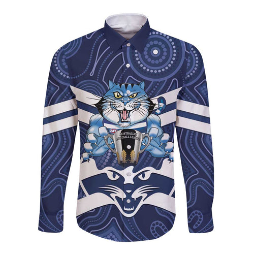 AFL Cats Football Personalised Long Sleeve Button Shirt Final Geelong Premiers Trophy Aboriginal - Aussie Hoodie