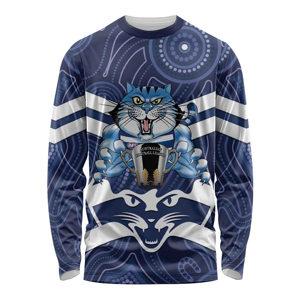 AFL Cats Football Personalised Long Sleeve Shirt Final Geelong Premiers Trophy Aboriginal - Aussie Hoodie