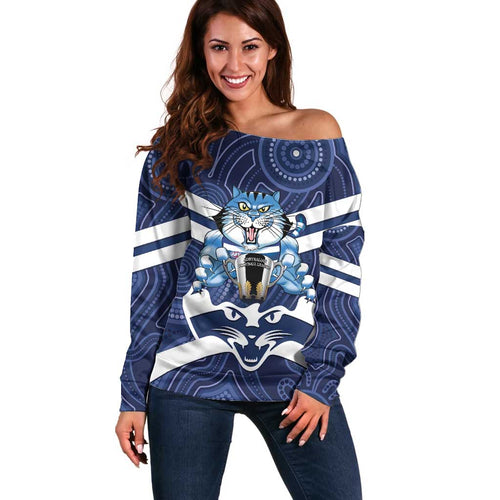 AFL Cats Football Personalised Off Shoulder Sweater Final Geelong Premiers Trophy Aboriginal - Aussie Hoodie