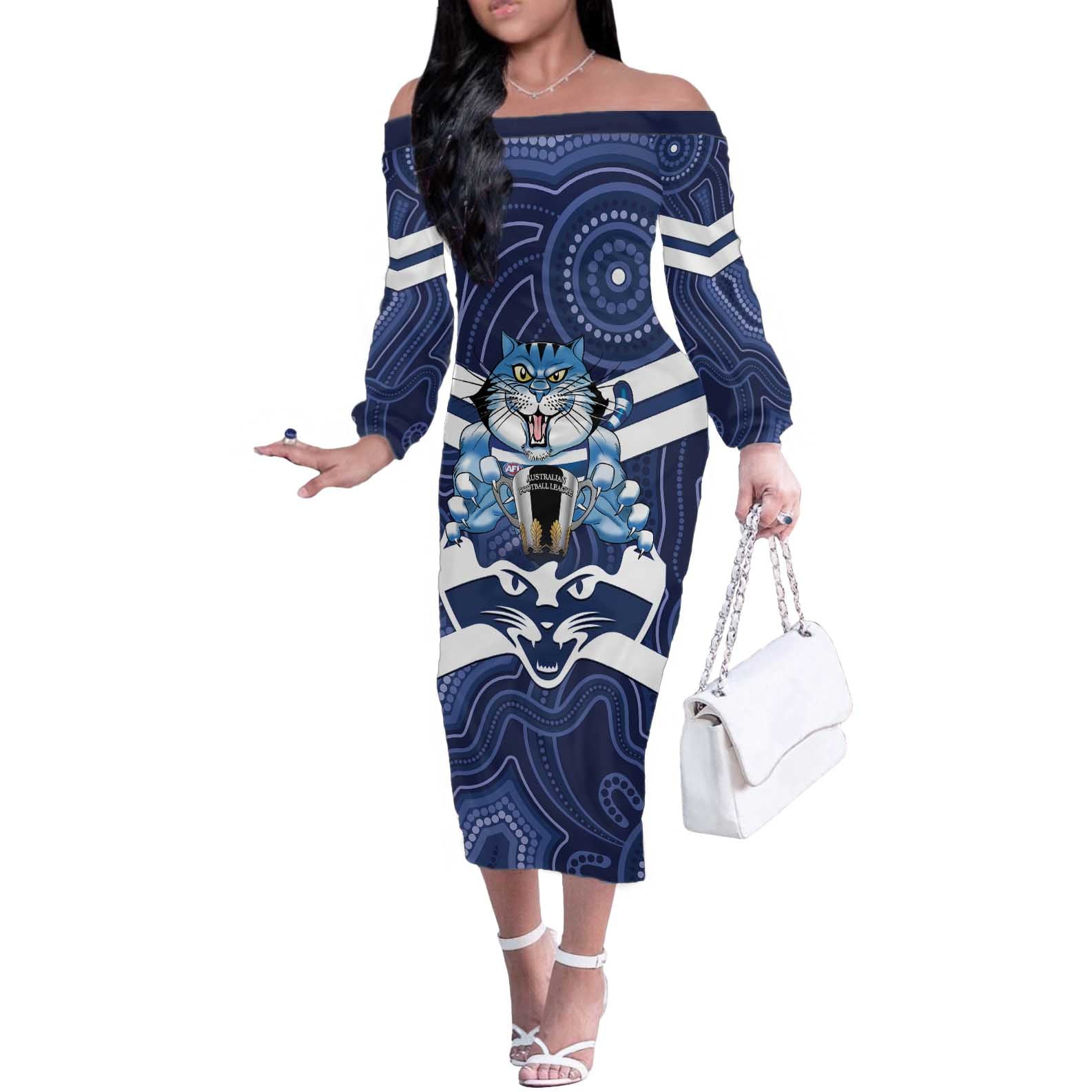AFL Cats Football Personalised Off The Shoulder Long Sleeve Dress Final Geelong Premiers Trophy Aboriginal - Aussie Hoodie