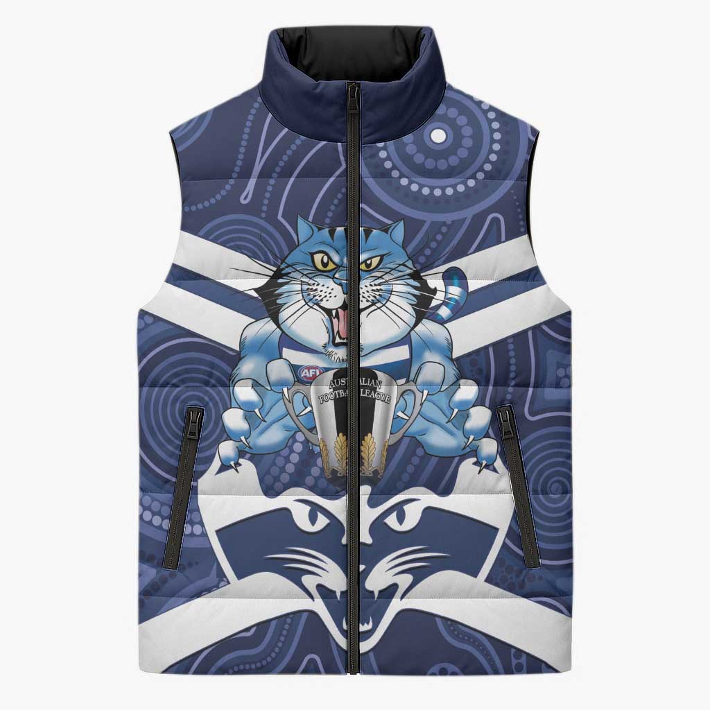 AFL Cats Football Personalised Sleeveless Puffer Jacket Final Geelong Premiers Trophy Aboriginal - Aussie Hoodie