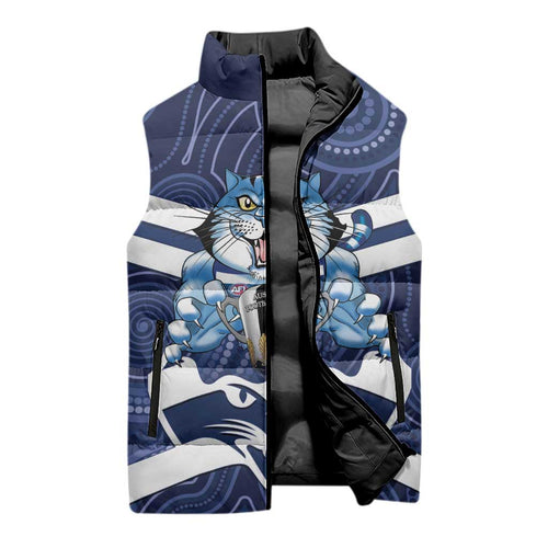 AFL Cats Football Personalised Sleeveless Puffer Jacket Final Geelong Premiers Trophy Aboriginal - Aussie Hoodie