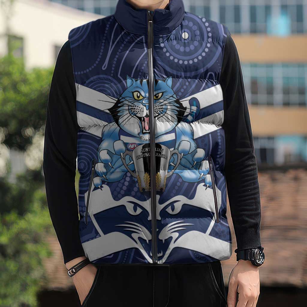 AFL Cats Football Personalised Sleeveless Puffer Jacket Final Geelong Premiers Trophy Aboriginal - Aussie Hoodie