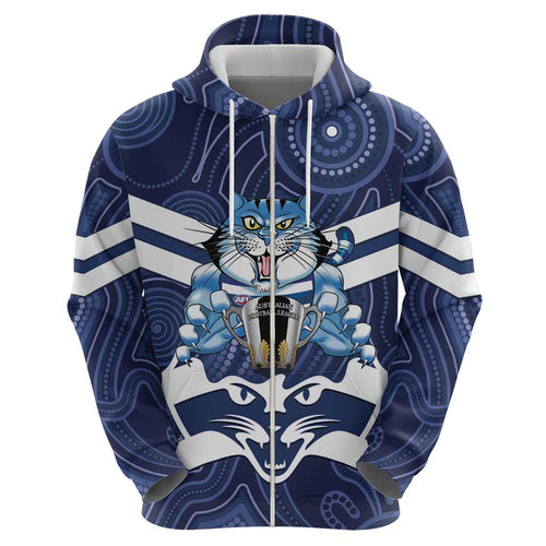 AFL Cats Football Personalised Zip Hoodie Final Geelong Premiers Trophy Aboriginal - Aussie Hoodie