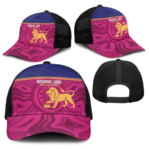 AFL Lions Football Baseball Net Cap Brisbane Fight For Victory Indigenous Art - Aussie Hoodie